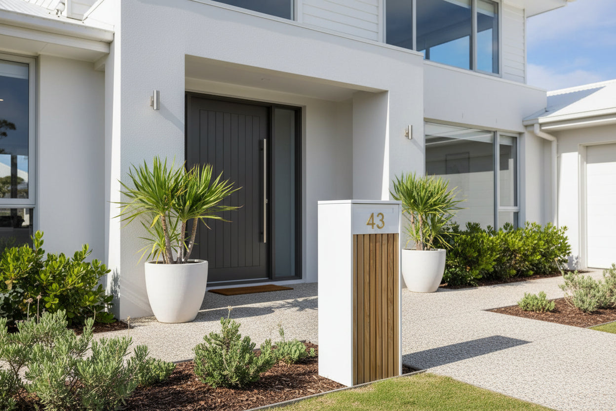 Tall Currawon Parcel Box with oak woodgrain front panel and white sides, designed for secure mail storage.