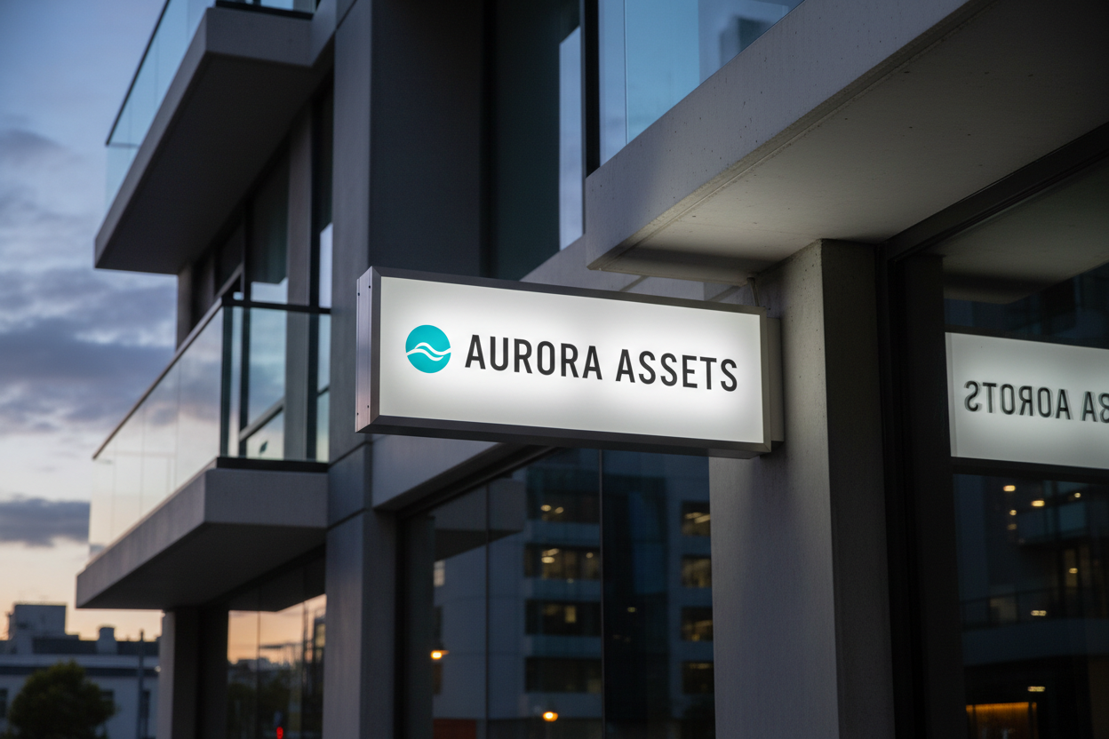 Aurora Assets sign on a modern building exterior with a cloudy sky.
