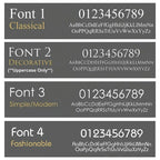 Four font style options for custom solar acrylic house sign including classical, decorative uppercase, modern, and fashionable designs.